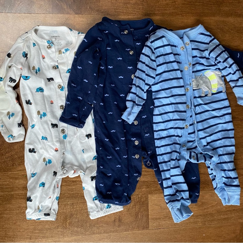 Set of 3 - 3 m Carter's onesie no foot long sleeves blue stripes birds animals